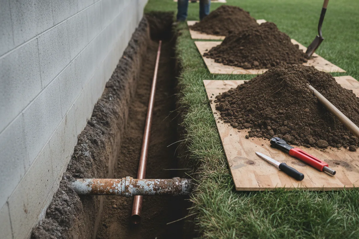 Excavated water line trench during Water Softener Installation in Whitewater